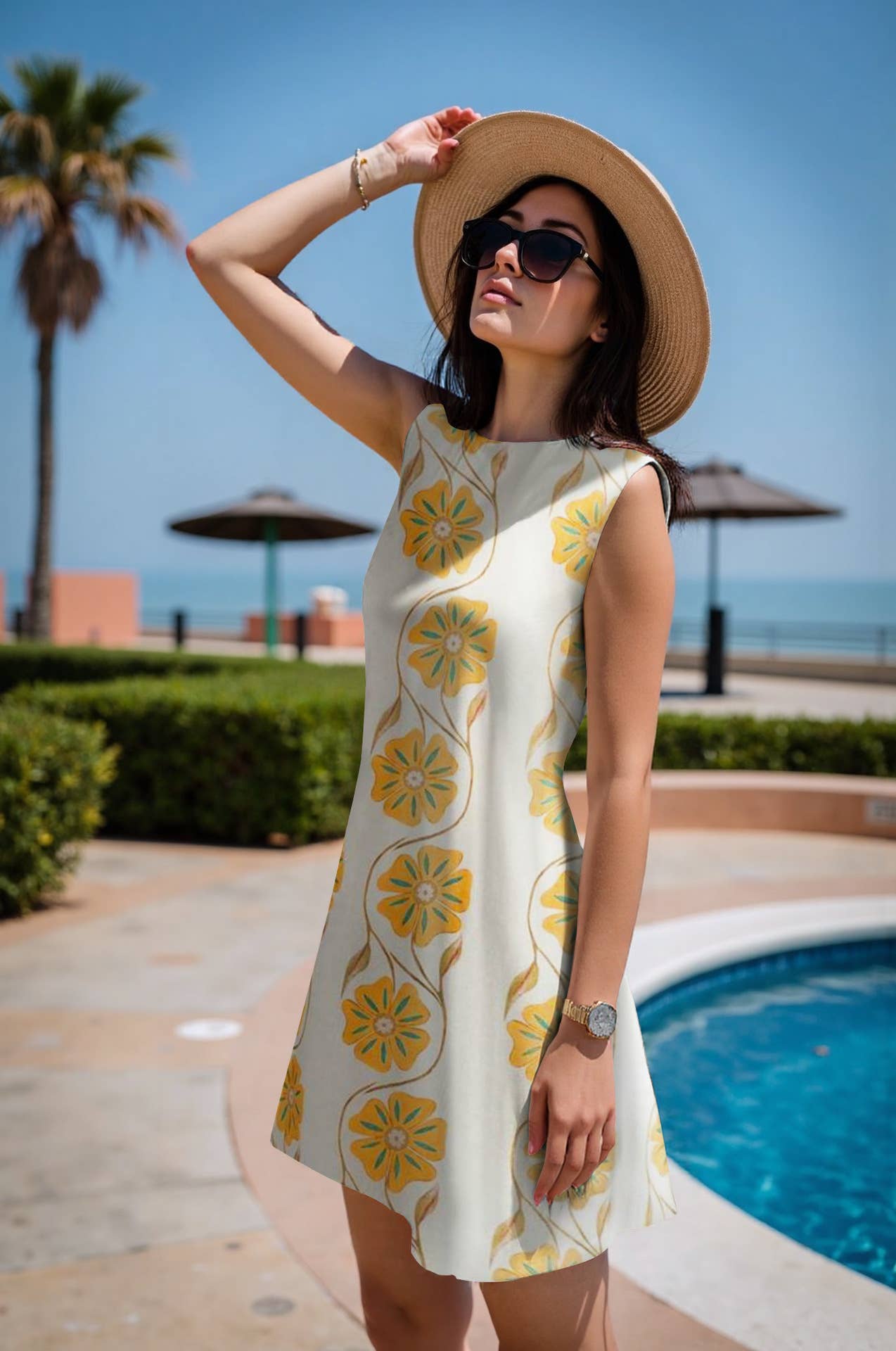 Straight, sleeveless, round-neck floral dress