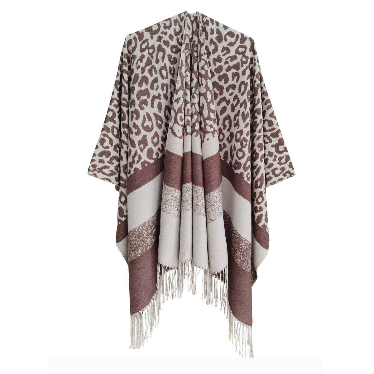LEOPARD PRINT STRIPED TASSEL WARM SPLIT SHAWL