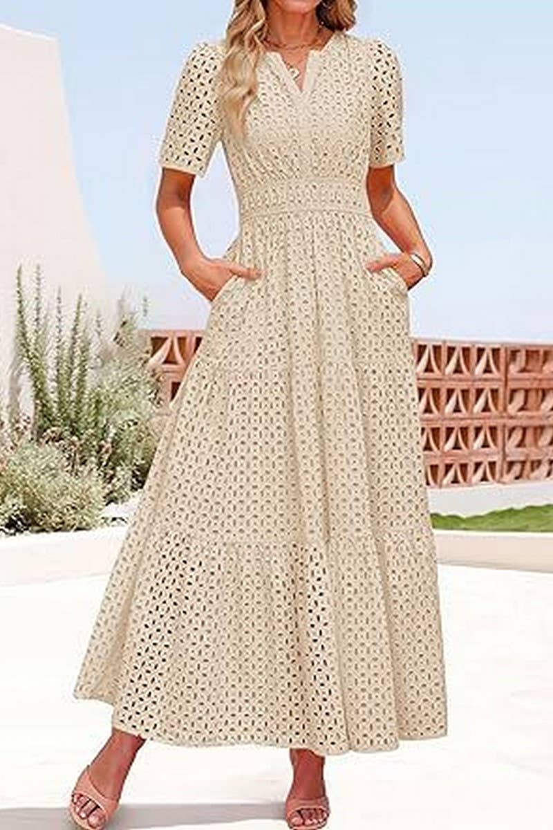 CWDMD6339_V-NECK HOLLOW EYELET PLEATED SHORT SLEEVE DRESS