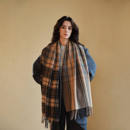 Melange Check Wool Scarf Double-Sided Shawl Unisex