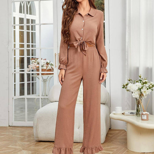 Ruffled long sleeves and trousers two-piece set