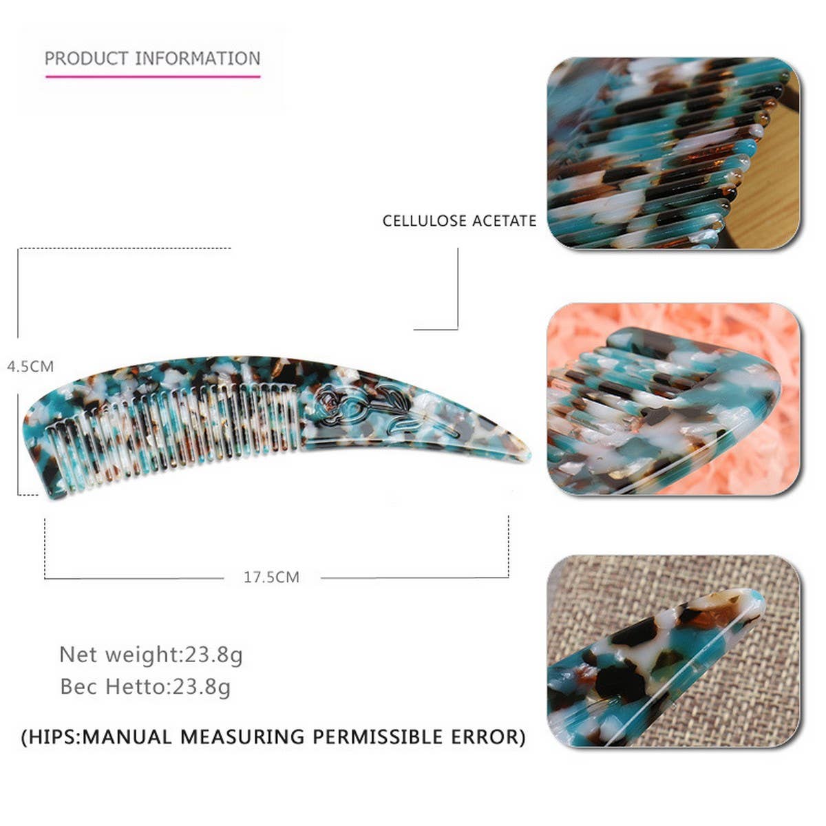 HORN POINTED TAIL COMB ACETATE CARVED FLOWER COMB