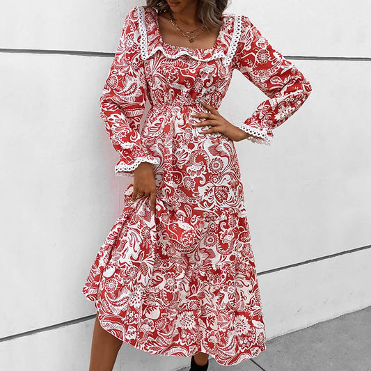 LACE SQUARE COLLAR LONG-SLEEVED PRINTED DRESS