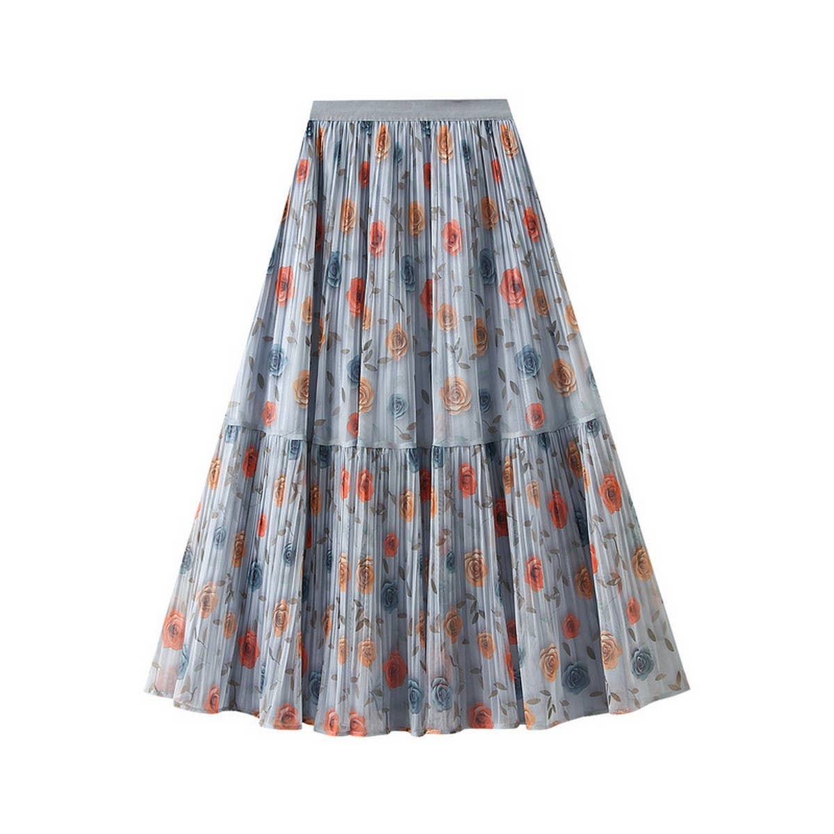 Reversible Rose Print Tulle Pleated Maxi Skirt
