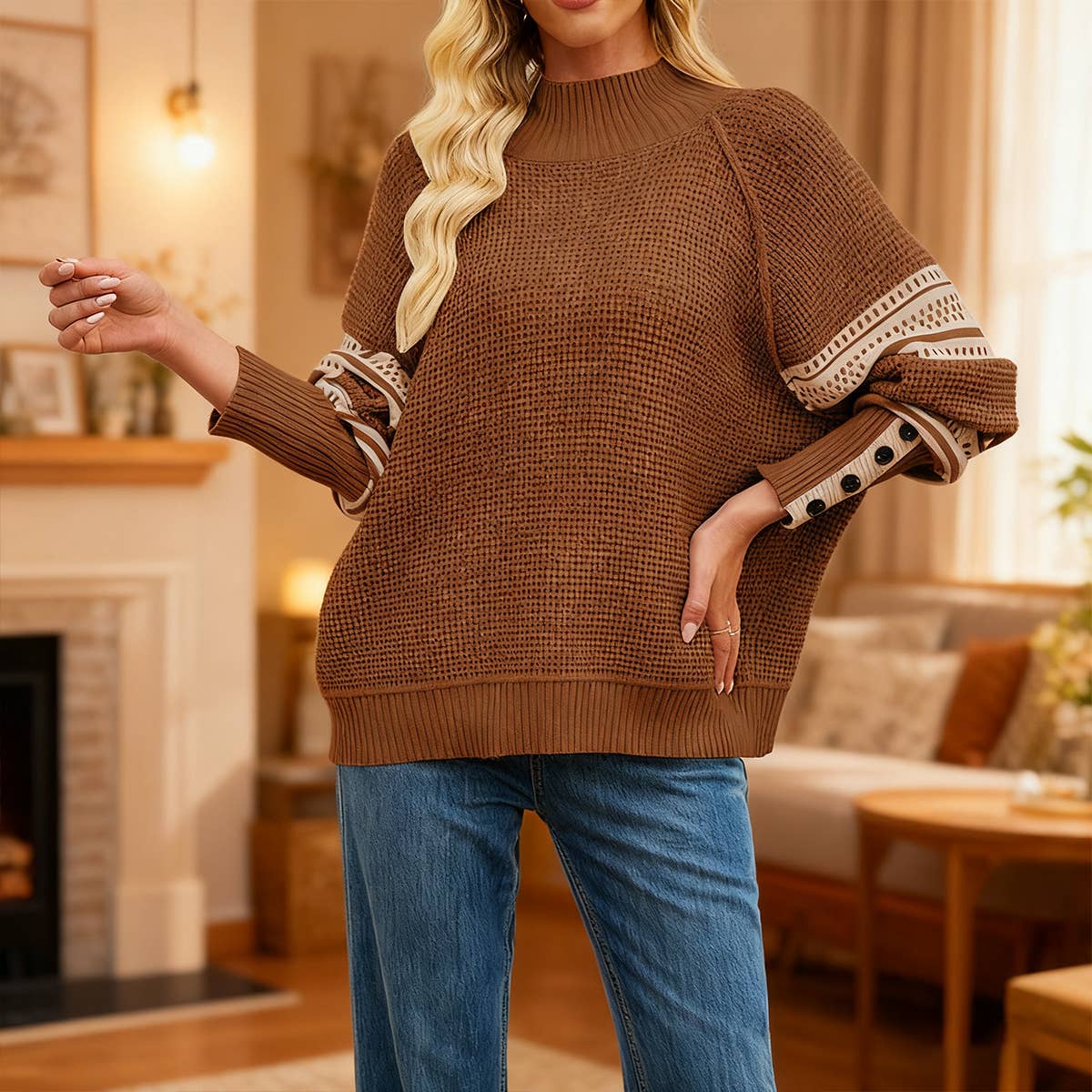 Knitted color-blocked semi-high-neck sweater