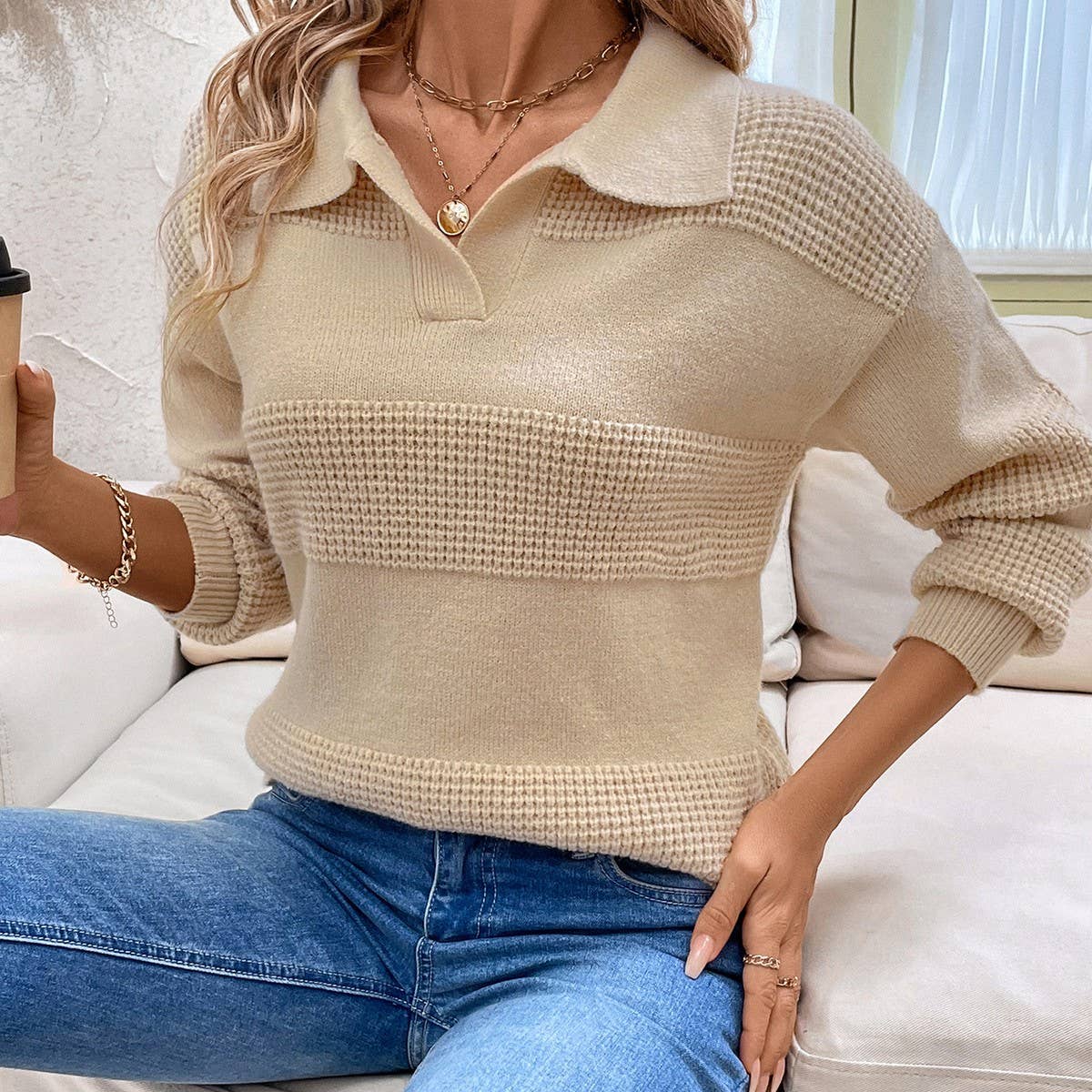 Long sleeve lapel solid color sweater woman