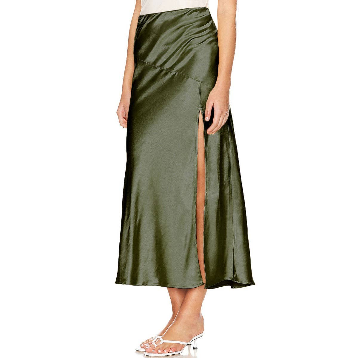 SATIN SKIRT HIGH WAIST ELASTIC SLIT LONG SKIRT
