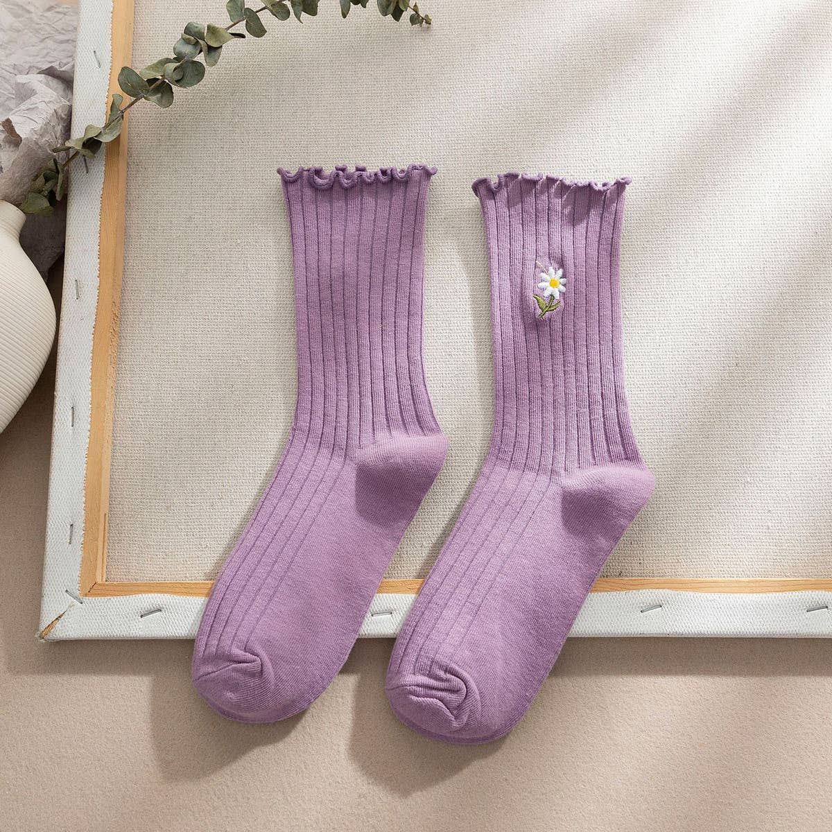 Flower Embroidery Crew Ruffle Socks Women