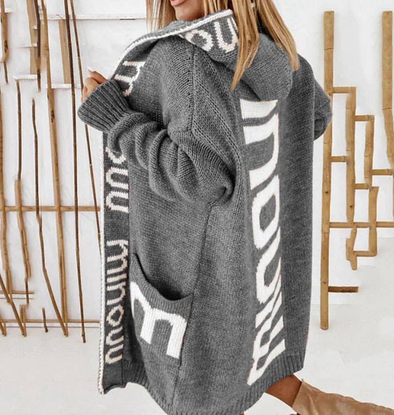 HOODED LETTER KNIT LONG SWEATER COAT