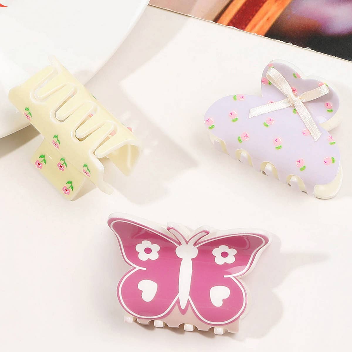 Floral Butterfly Hair Claw - Cream Print Clip