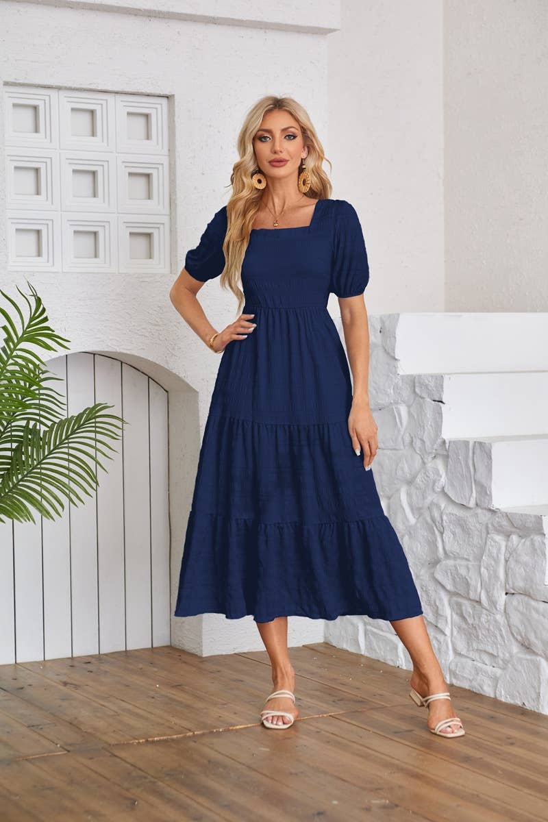 Square neck pleated short-sleeved dress