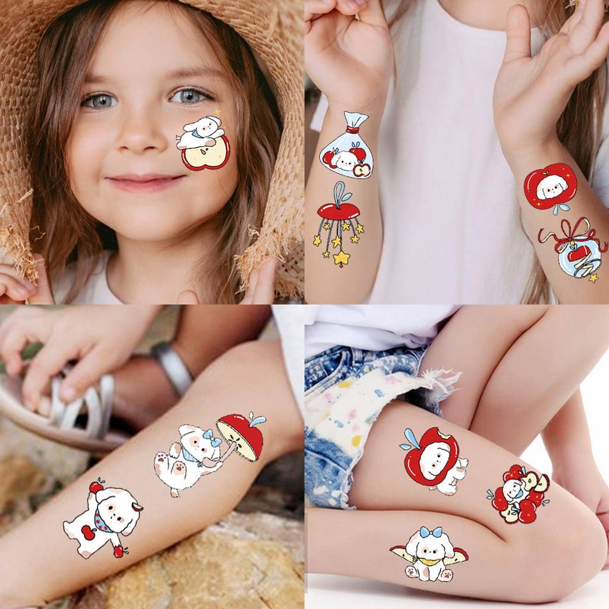 Cute Dog & Apple Tattoo Stickers for Kids