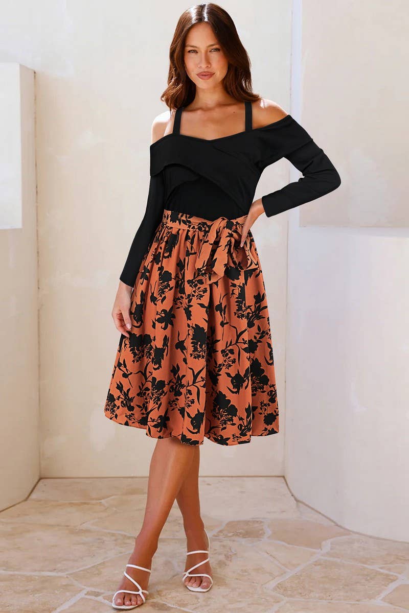 CWDSD8652_FLORAL OFF SHOULDER LONG SLEEVE A-LINE DRESS