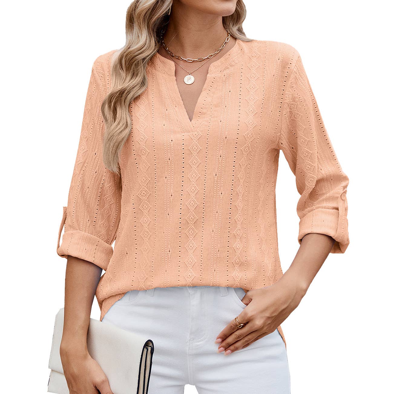 V-neck mid-sleeve button-up jacquard T-shirt