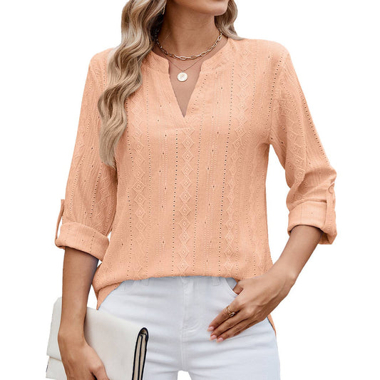 V-neck mid-sleeve button-up jacquard T-shirt