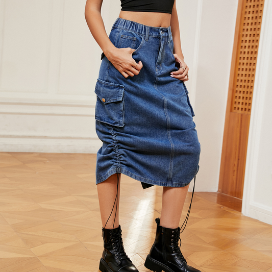 Women??¢s Denim Utility Midi Skirt Casual Streetwear_CWJSK0193