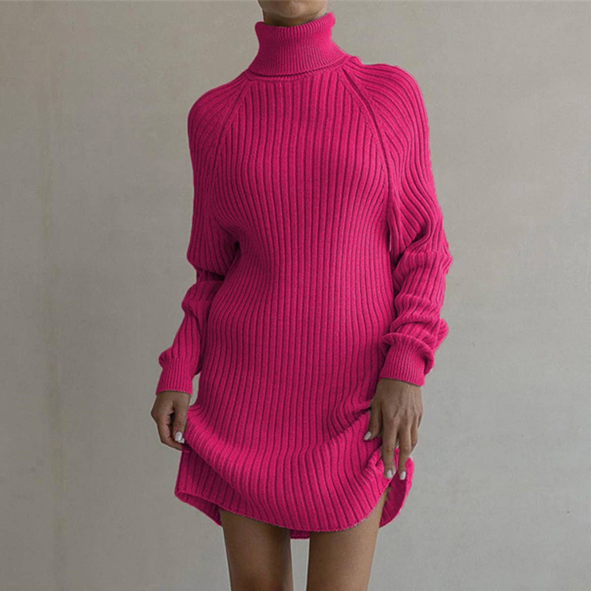 PIT STRIP SOLID COLOR TURTLENECK SWEATER DRESS