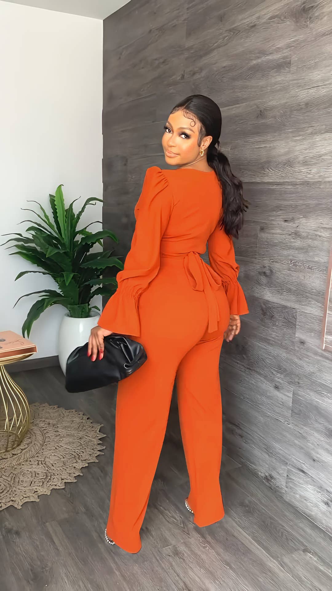 TWO-PIECE V-NECK FLARED SLEEVE TOP WIDE-LEG PANTS