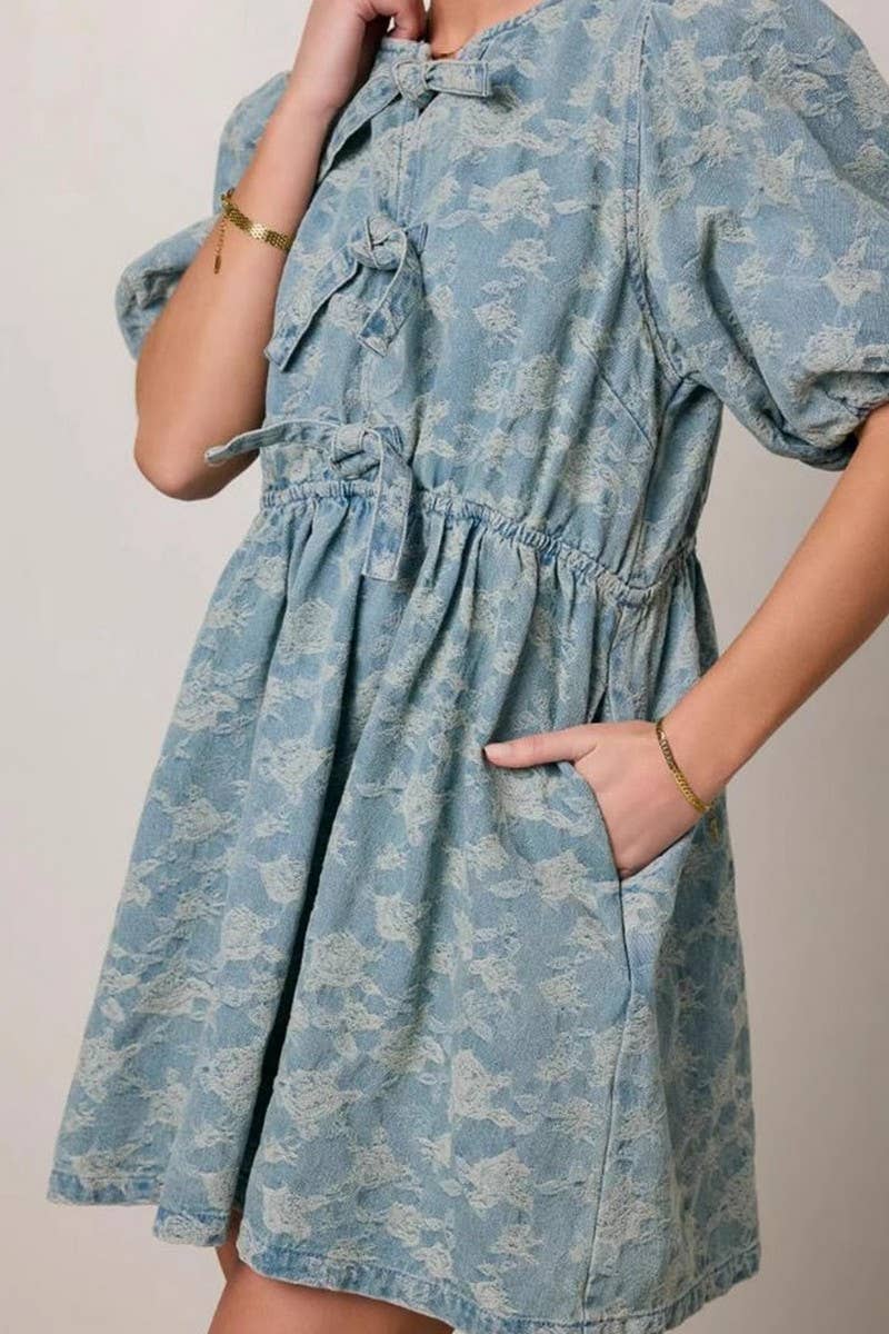 CWDSD8825_FLORAL PUFF SLEEVE DRAWSTRING DENIM DRESS