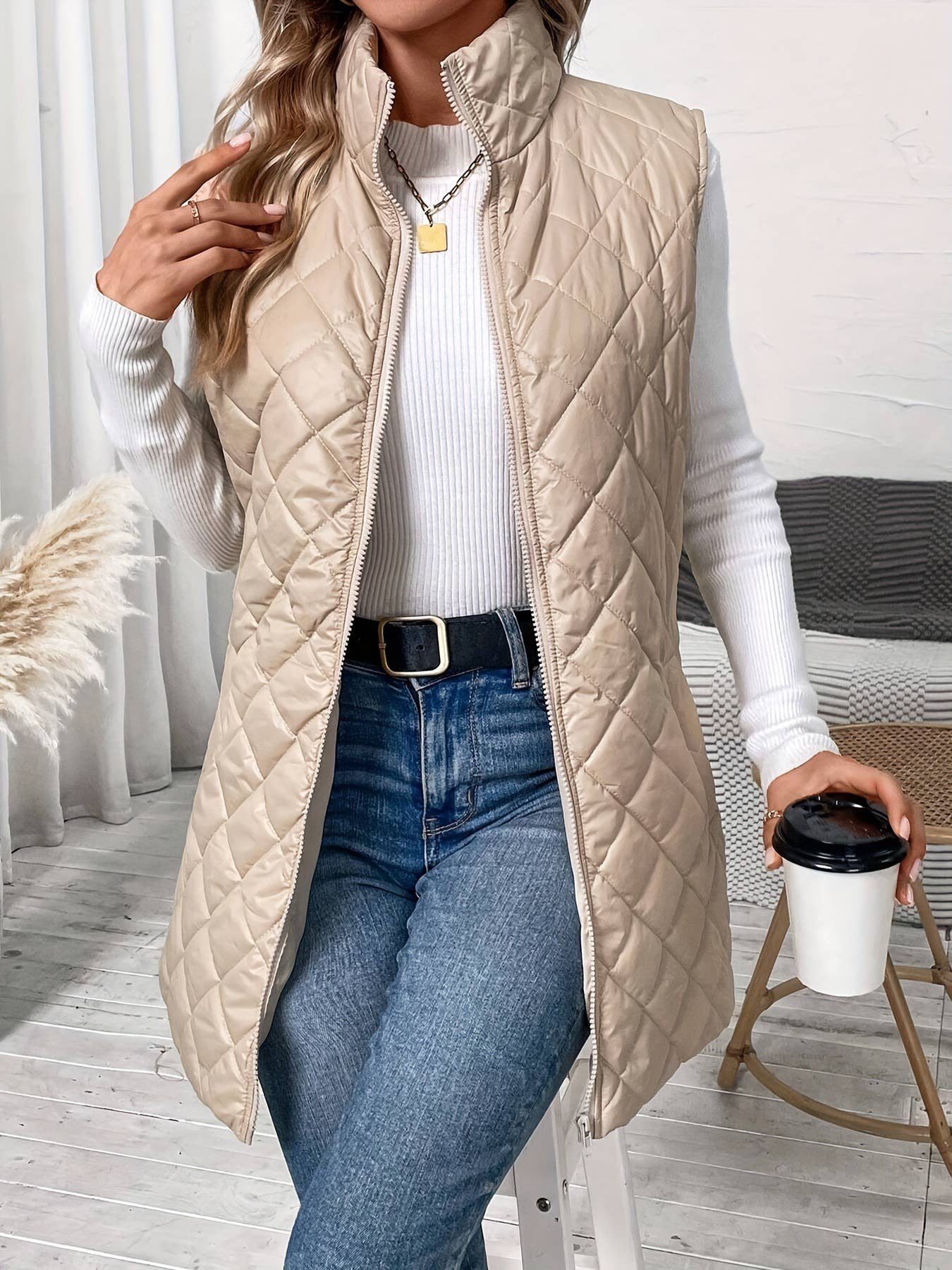 Lapel sleeveless long zipper cotton-padded Vest