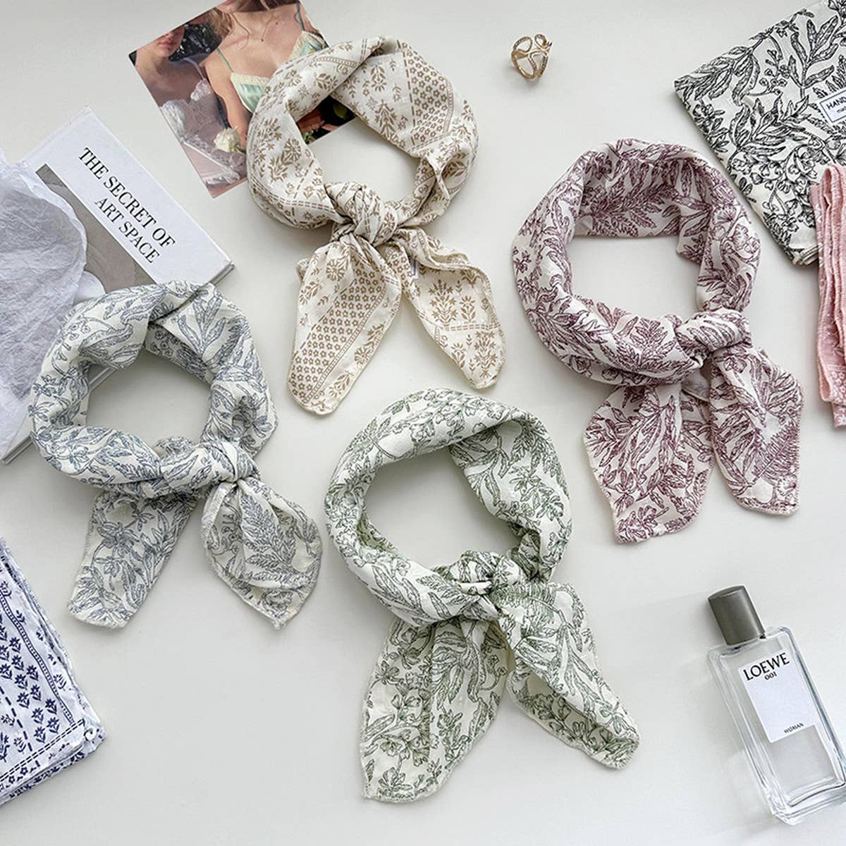 Floral Cotton Linen Square Scarf for Women