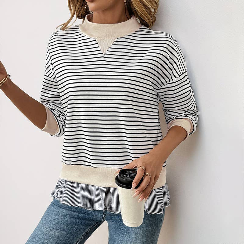 Round-neck striped patchwork fake two-piece top