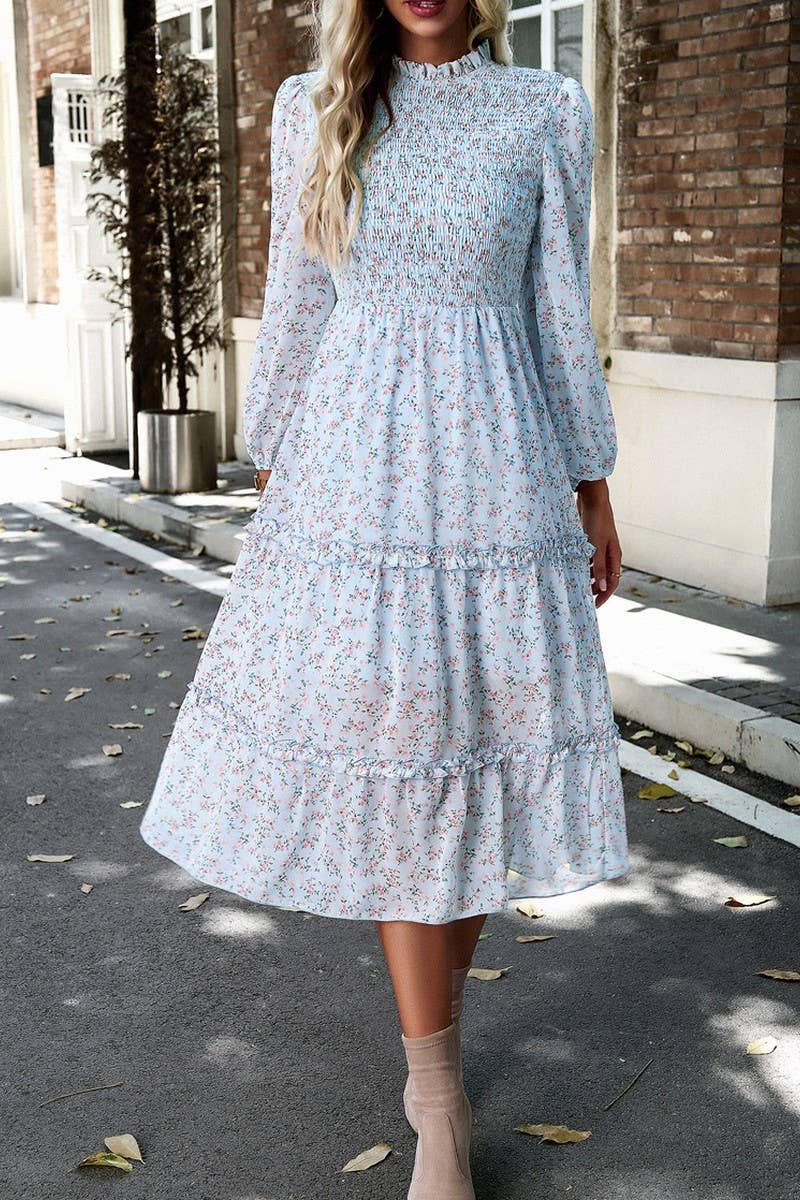 WOMENS CASUAL FLORAL WOODEN EAR EDGE DRESS_CWDMD0711