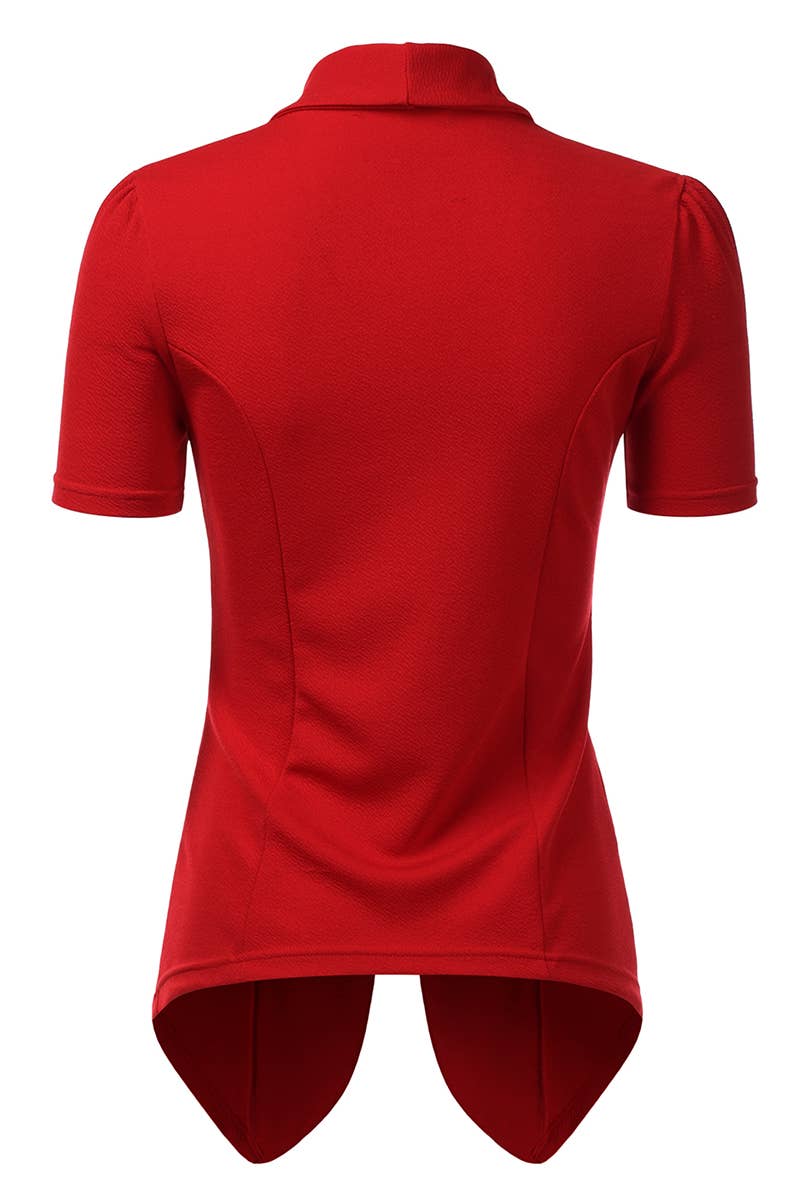 CWOBL095_Short Sleeve Open Front Draped Ruffles Blouses