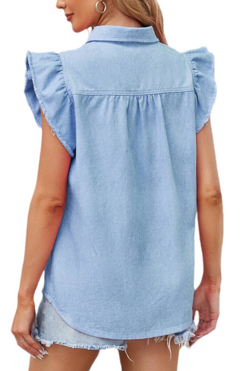 RUFFLED SHORT SLEEVE SINGLE POCKET T SHIRT_CWTSTS0238