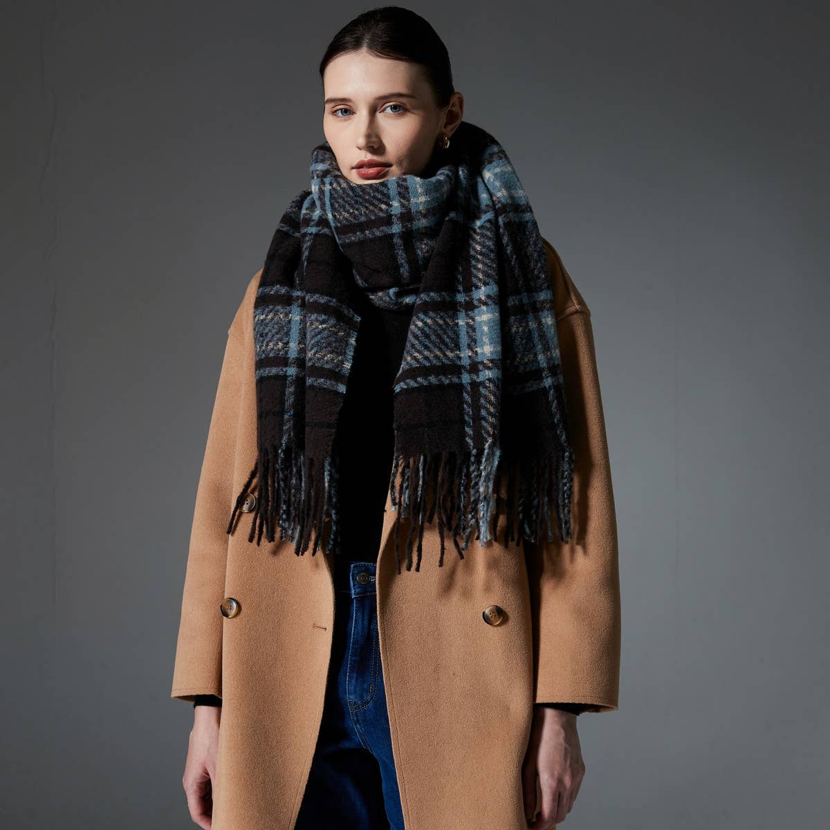 Amazon Hot Seller Faux Wool Blue Plaid Scarf Shawl_CWASC1277
