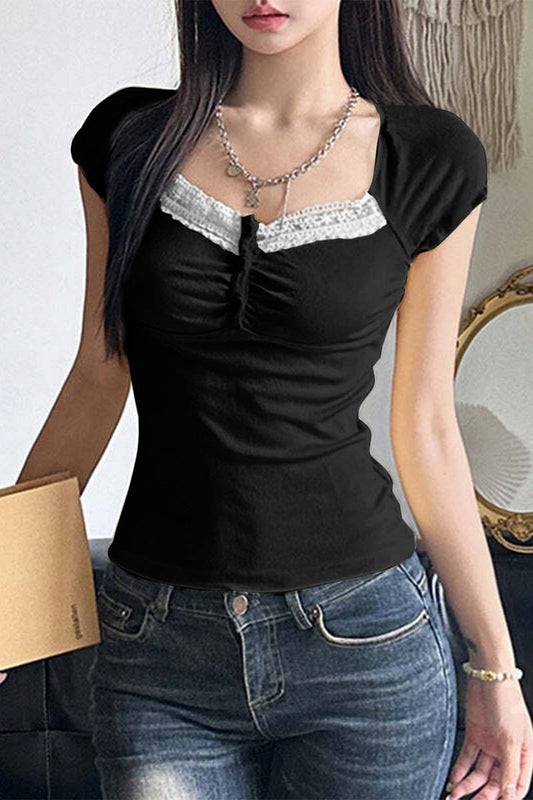 Cwtbls1598_Lace Panel Square Neck Knit Short Sleeve Top