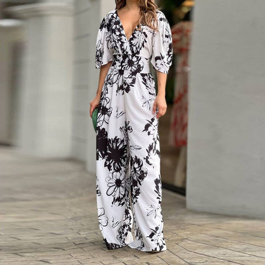 Printed bat-sleeved high-waisted jumpsuit