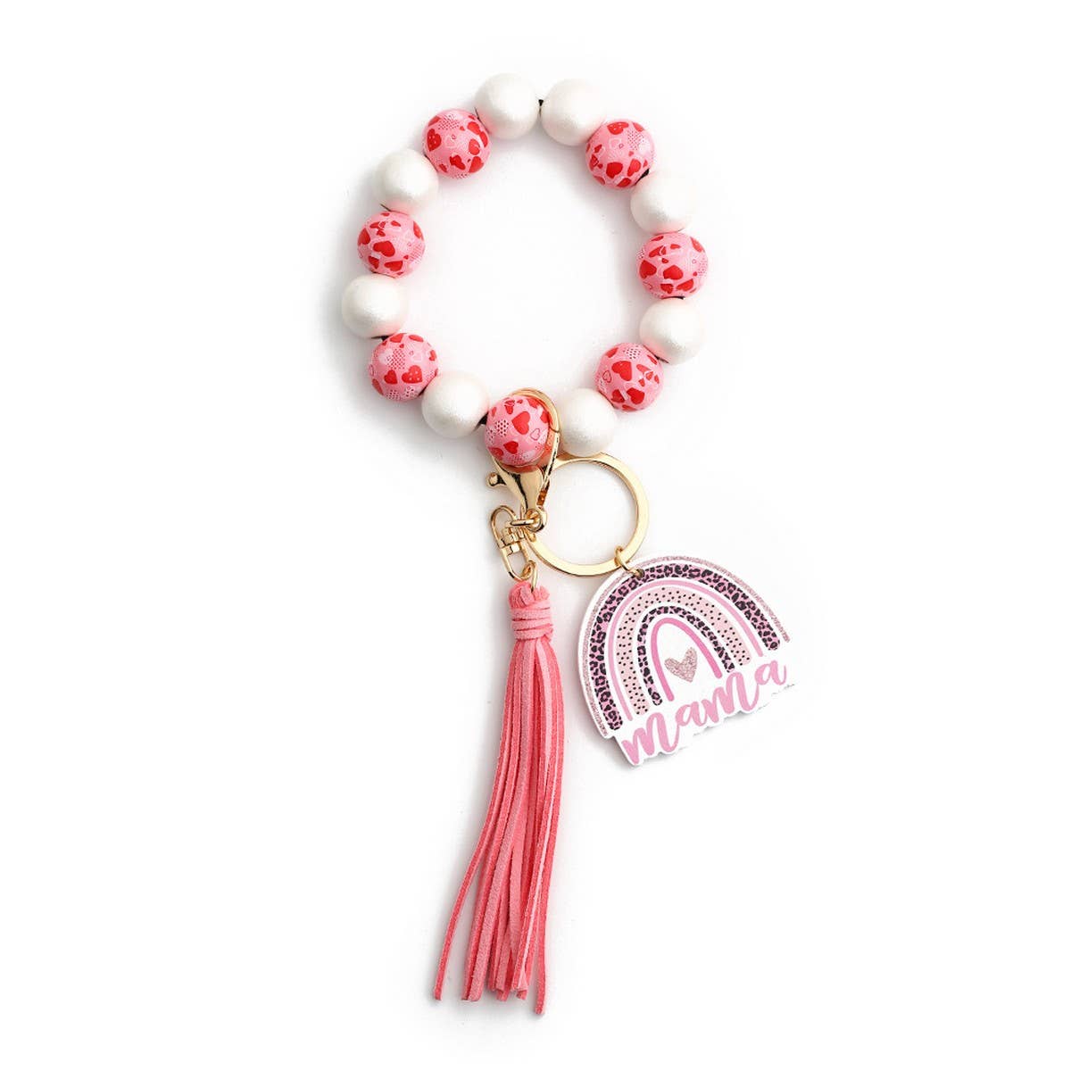 Leopard Wood Bead Bracelet Heart Keychain_CWAB5075