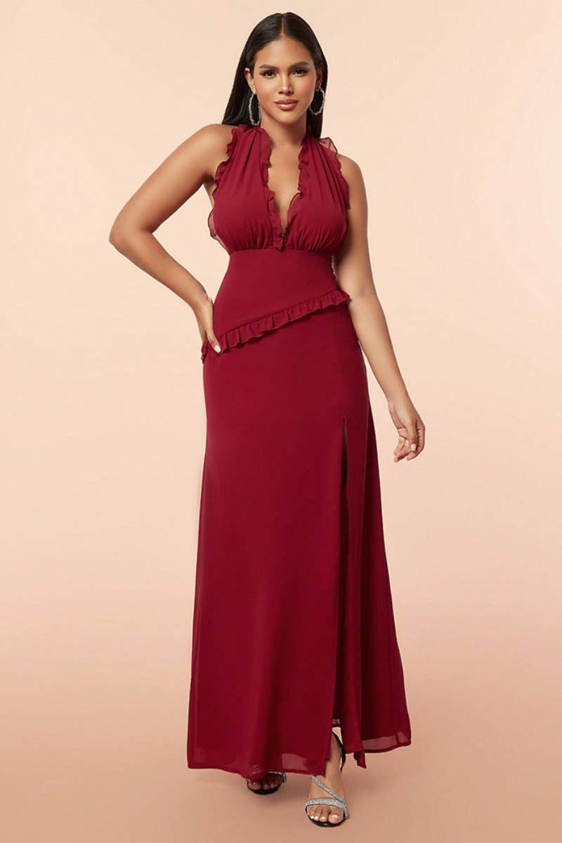 CWDMD2406_DEEP V SLEEVELESS HALTER HALTER SPLIT DRESS LONG