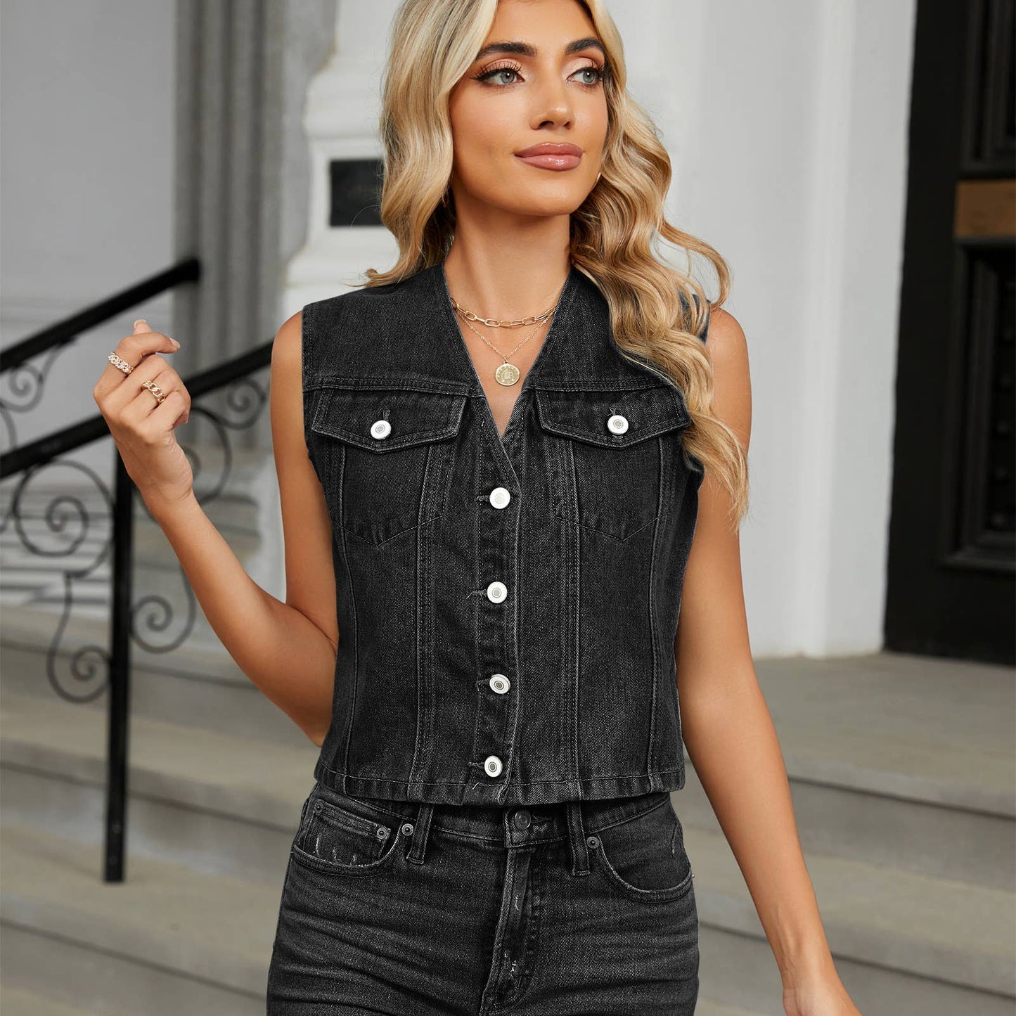 WASHED SLIM-FIT DENIM VEST TOP