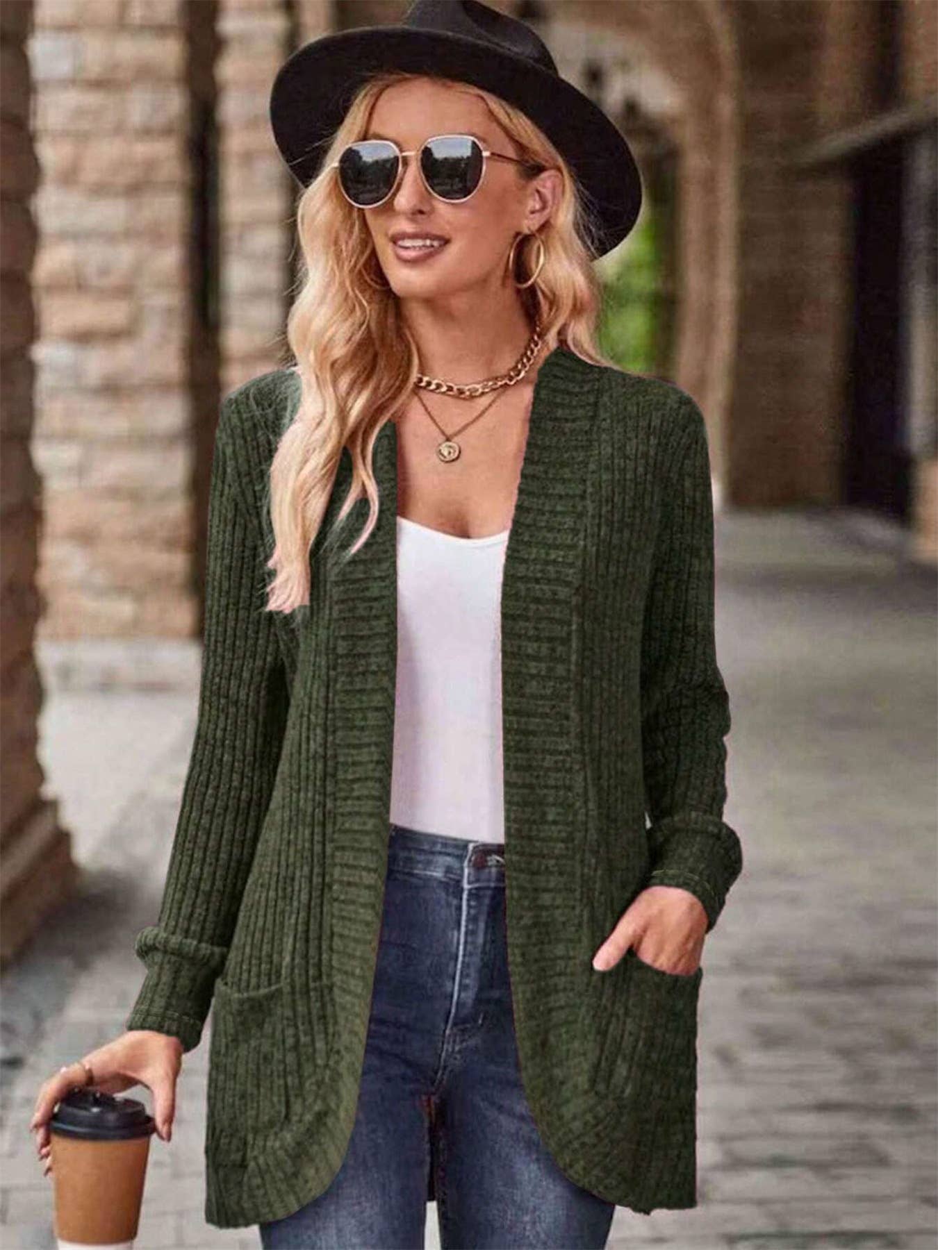 SOLID COLOR WOOLEN PATCHWORK LONG SLEEVE CARDIGAN