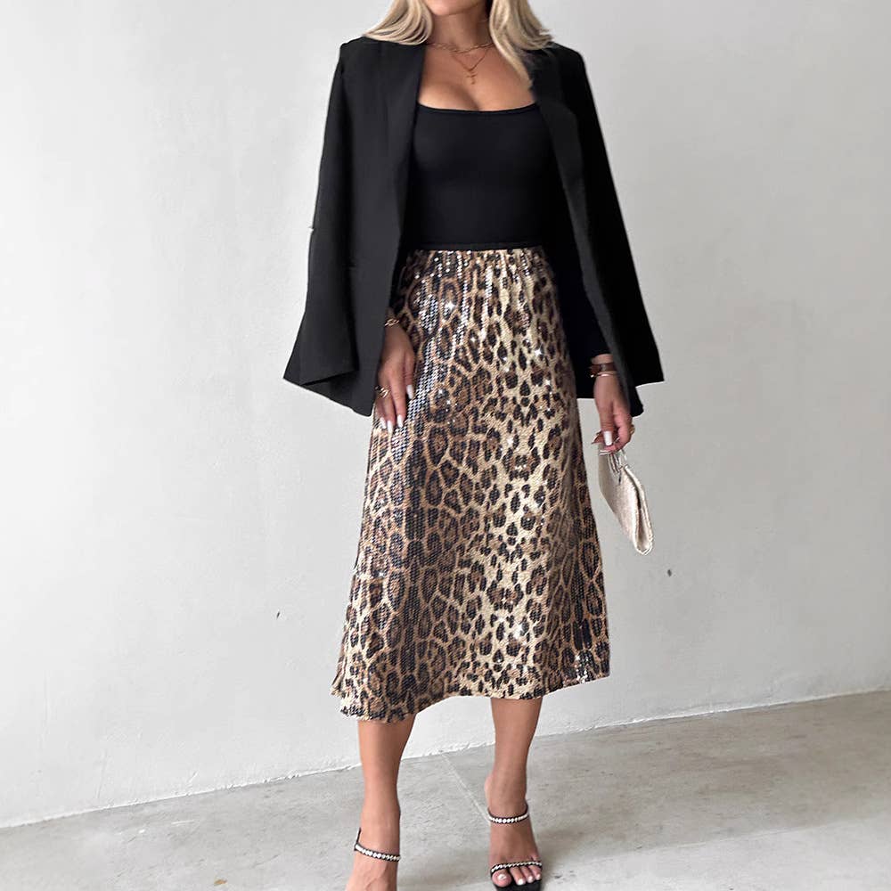 BEAD LEOPARD PRINT LONG FASHION CASUAL SKIRT
