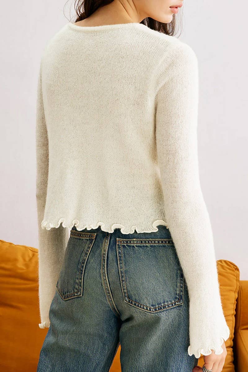 CWOSWL07424_FLORAL APPLIQUE RUFFLE TRIM FITTED KNIT TOP