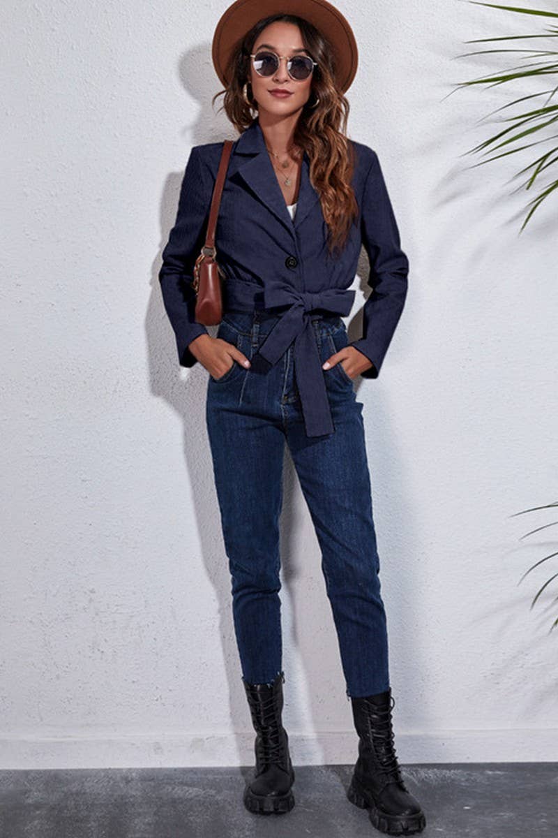 CWOCO0441_SOLID COLOR LAPEL COLLAR BELT SHORT COAT