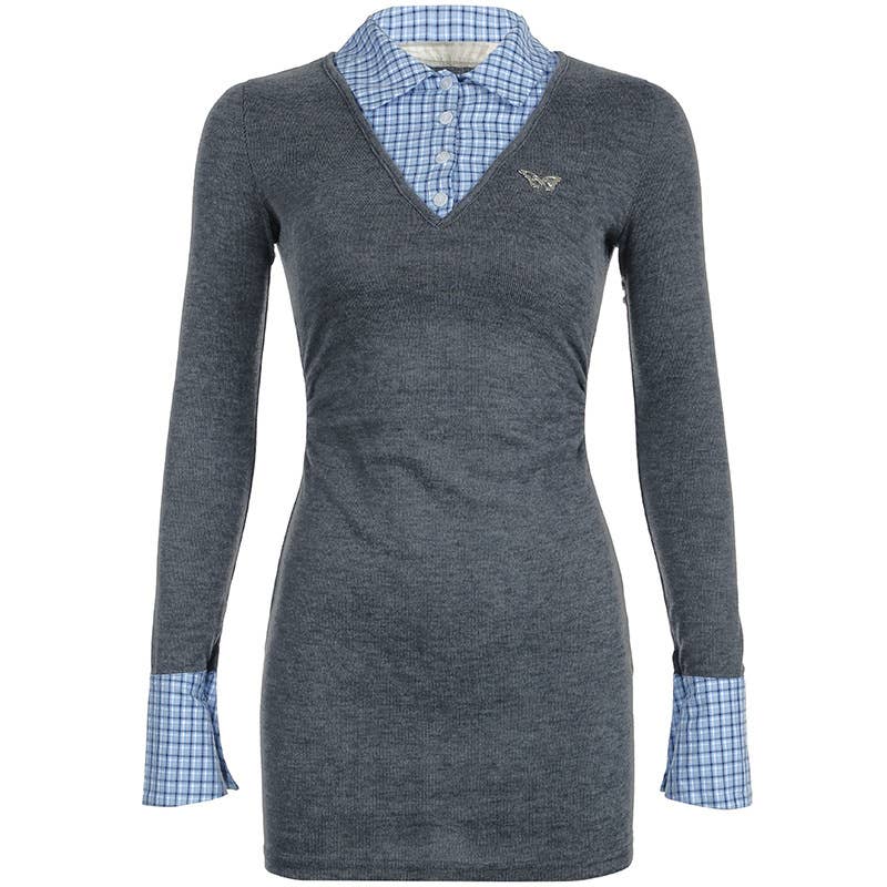 PREPPY PATCHWORK SHIRT NECK LONG-SLEEVED DRESS