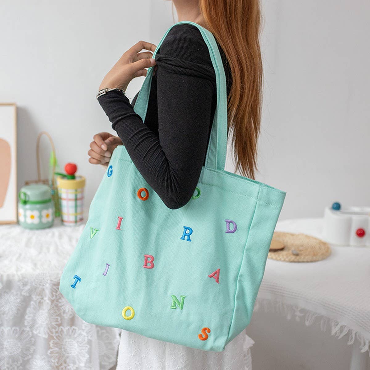 Embroidered Letter Canvas Tote Bag for Women_CWAB5623