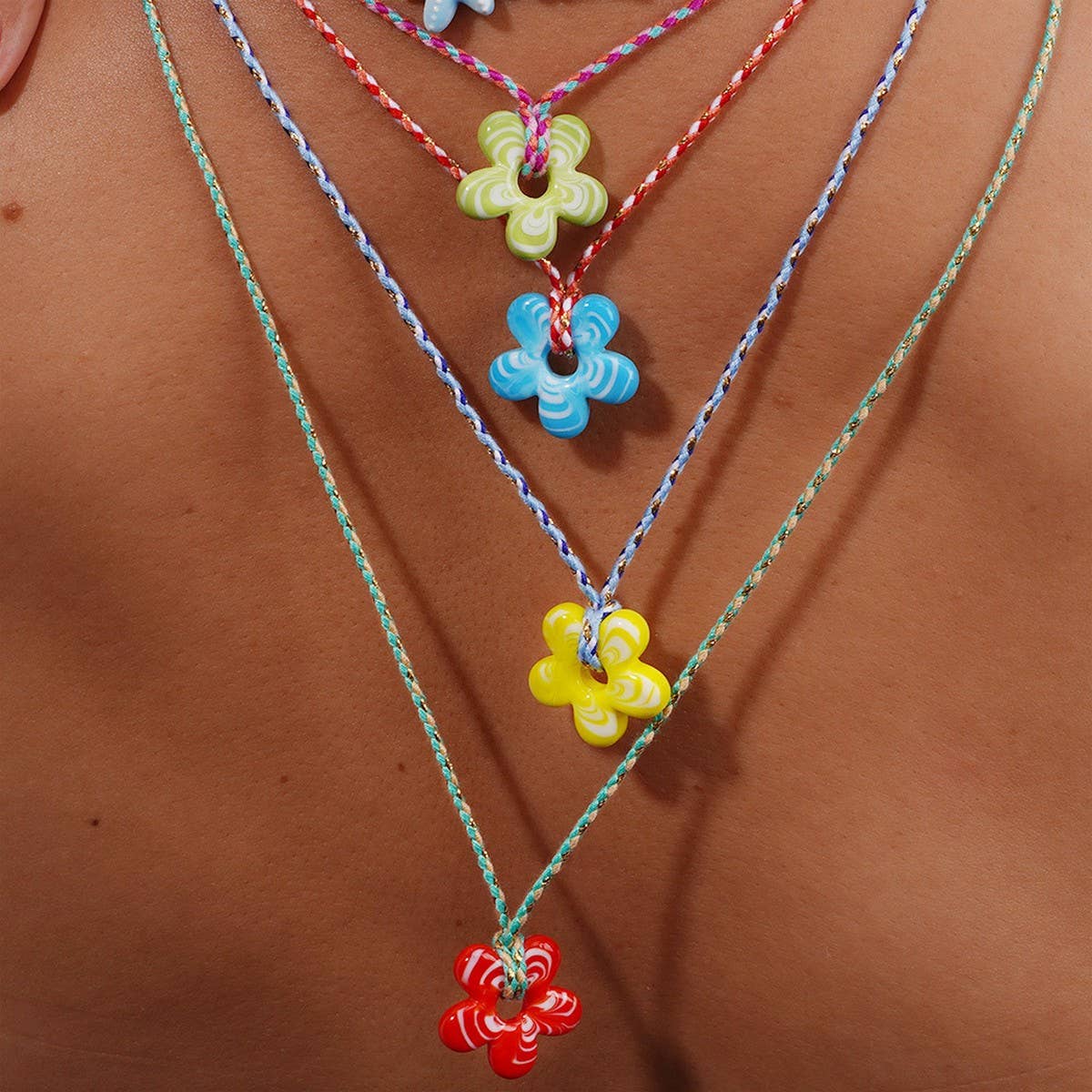 Colorful Glass Flower Pendant Rope Necklace