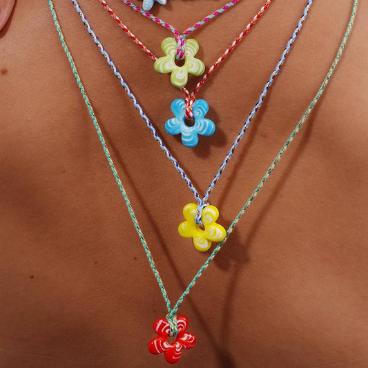 Colorful Glass Flower Pendant Rope Necklace