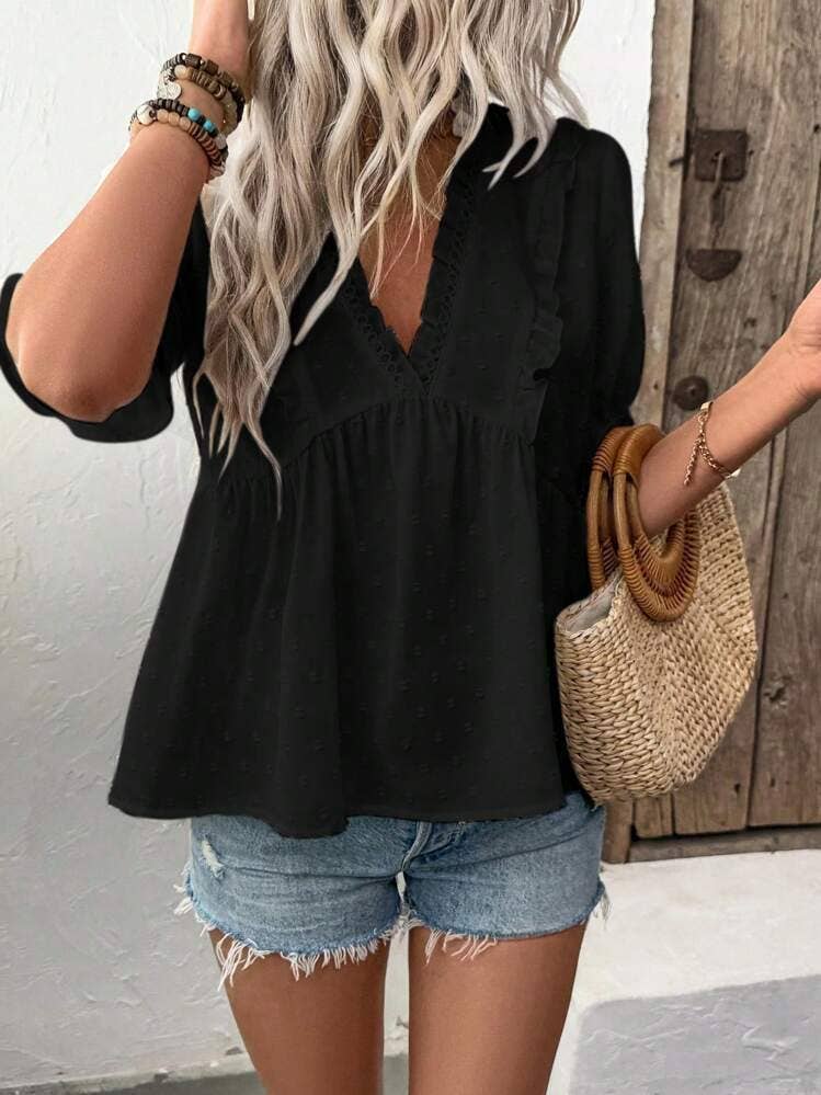V-neck casual ruffled short-sleeved T-shirt
