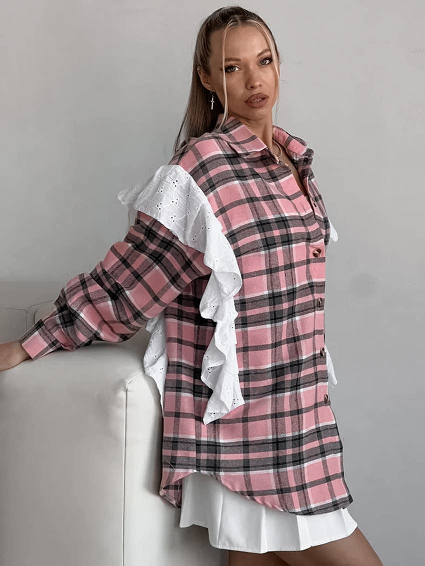 RUFFLED PATCHWORK BAGGY PLAID THICKENED SHIRT
