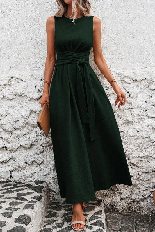 CWDMD5873_SOLID SLEEVELESS TIE WAIST CASUAL TANK DRESS