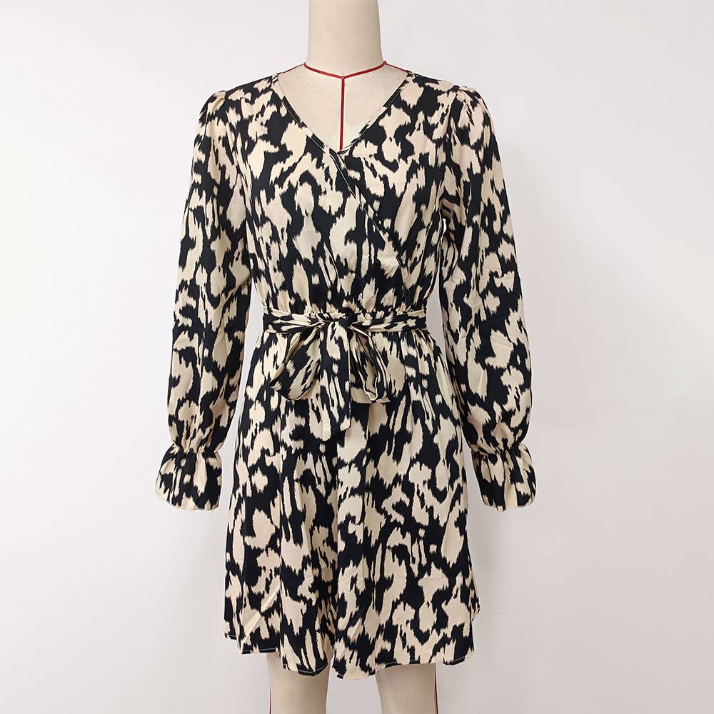 LACE-UP PRINT SLIT V-NECK LONG-SLEEVED DRESS