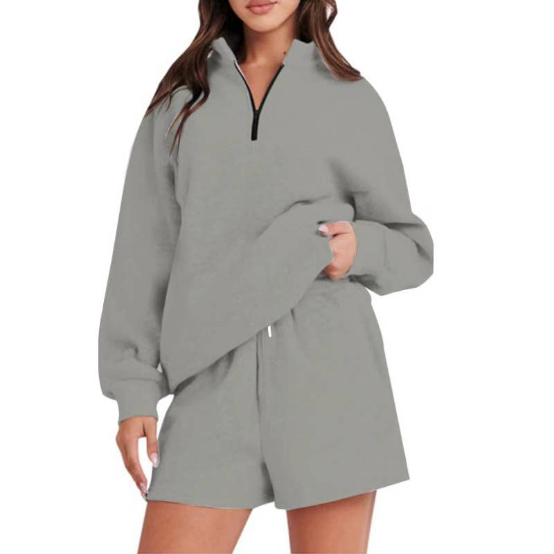 Pocket solid-color shorts and hoodie set