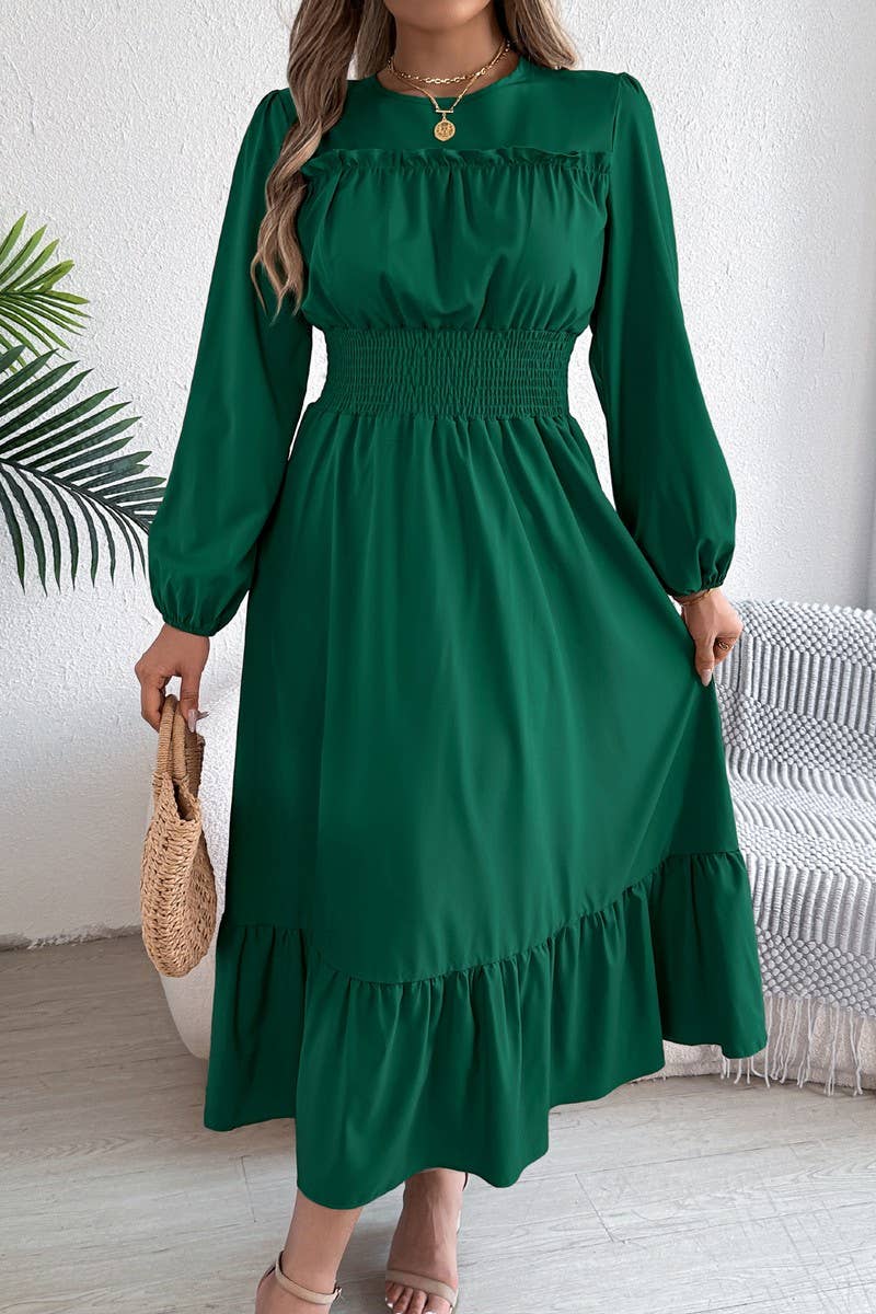 CWDMD6024_SOLID ELEGANT RUFFLE WAIST PLEATED MAXI DRESS