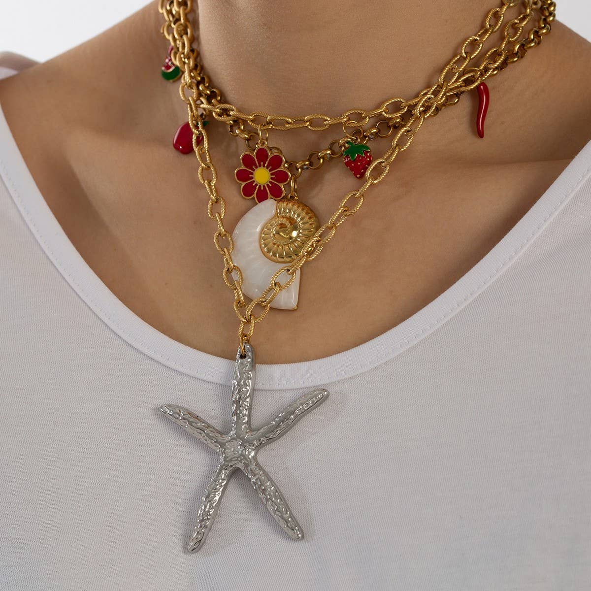 Bold Ocean Steel Necklace with Starfish & Shell_CWMM8852